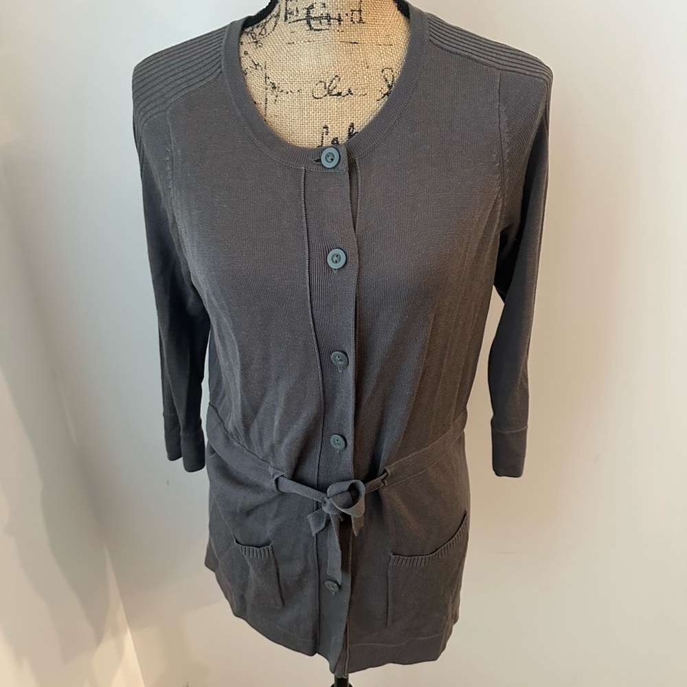 Amber Sun Luxury Silk Blend Gray Knit Button Cardigan | Long Sleeve, Small - Picture 2 of 6